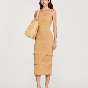 Pointelle Knit Fringed Trim Knitted Midi Dress
