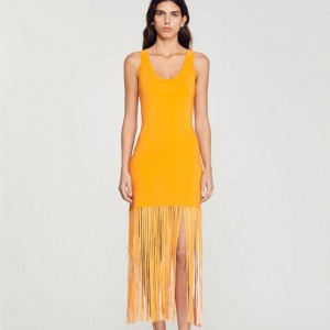 Long Fringed Orange Slim knit dress