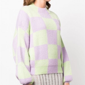 2023 novo suéter feminino de malha com gola redonda e cor xadrez e patchwork