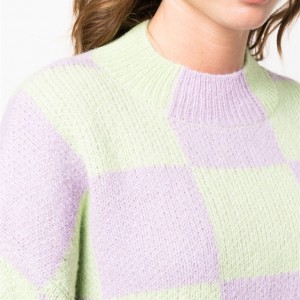 2023 new women’s knit crew-neck sweater with plaid and patchwork color