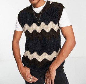 Textured Knitted Tank With Zig Zag Detail Mens Black Sweaters