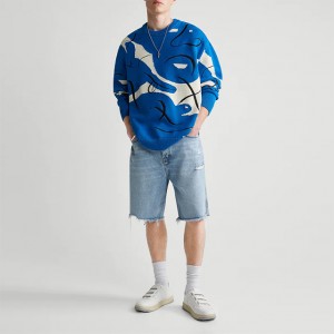 2023 Men Blue Crew Neck Sweater with Face Outline Design