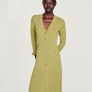 Long Sleeve Single-breasted Olive Green knitted Dress
