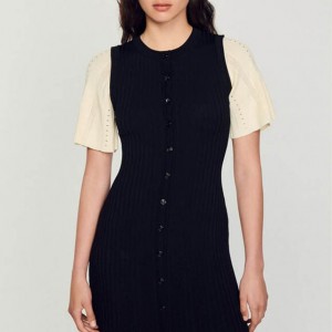 Two-tone Short Contrasting Sleeves Single-breasted Midi Knit Dress
