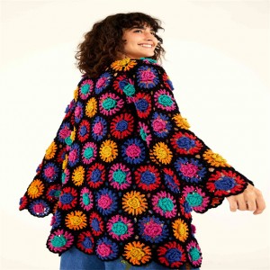 Panjang Pertengahan Tanpa Butang Crochet Flowers Cardigan