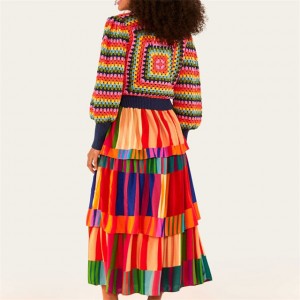 Lengan Lentera Panjang Sunset Stripes Sweater Crochet