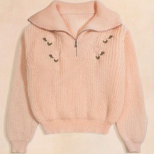 French vintage niche floral rose embroidery lapel zipper mohair loose sweater
