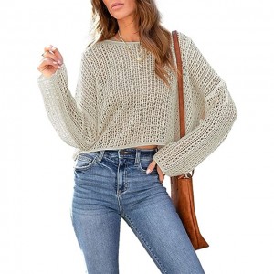 කාන්තා Crochet Top Summer Long Sleeve Lightweight Sweaters for Women 2023 Crewneck Crop Pullover Shirt