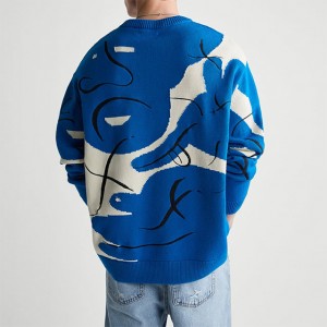 2023 Men Blue Crew Neck Sweater with Face Outline Design