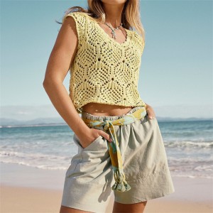 Wanita musim panas V Neck Tanpa Lengan Crochet Solid Tank Top