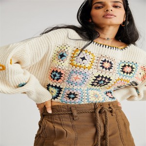 Women’s Floral Knit Heavy Long Sleeve Crochet Pullover