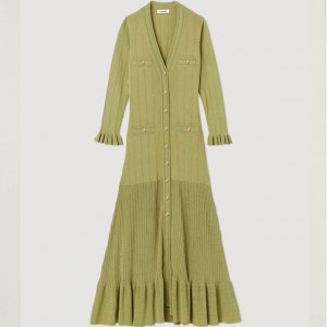 Sleeve Long-breasted Single Olive Green knitted Dress