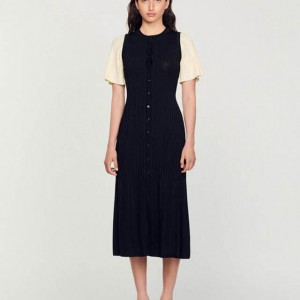 Two-tone Short Contrasting Sleeves Single-breasted Midi Knit Dress