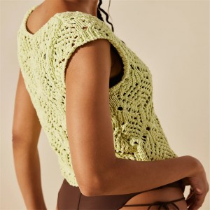 ແມ່ຍິງ summer V Neck Sleeveless Crochet Solid Tank Top