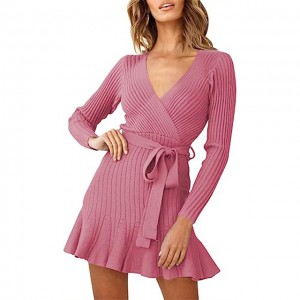 Ženski džemper s V izrezom s dugim rukavima s naboranim rubom pleteni mini džemper haljina s remenom