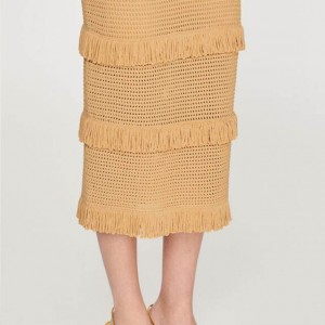 Pointelle Knit Fringed Trim Knitted Midi Dress