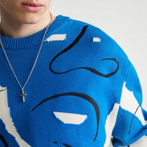 Muški plavi pulover s okruglim izrezom iz 2023. s dizajnom obrisa lica