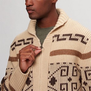 Custom Men's Jacquard Yashushanyije Sweater hamwe na Zipper Up Cardigan