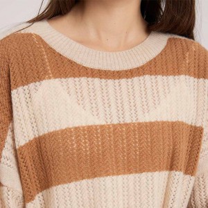 Sweater wanita pullover leher kru bergaris oranye dan putih