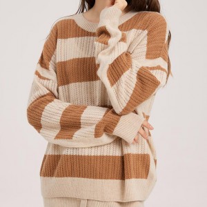 Orange and white striped crew neck pullover womens sweater