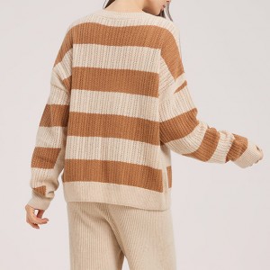 Orange and white striped crew neck pullover womens sweater