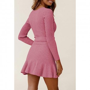 Ženski džemper s V izrezom s dugim rukavima s naboranim rubom pleteni mini džemper haljina s remenom