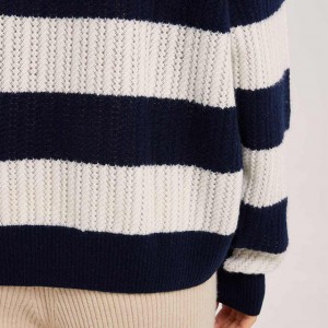 Sweater kolar krew berjalur biru dan putih untuk wanita