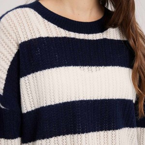 Sweater kerah kru bergaris biru dan putih untuk wanita