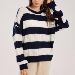 Blue and white striped crew collar sweater for women