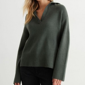 Cashmere V-neck solid color womens green sweater