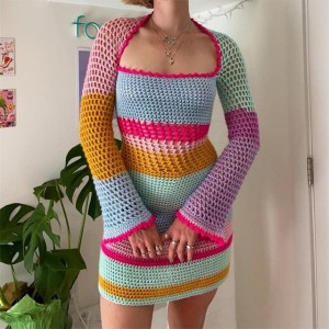 Women Knit Long Sleeve Colorful Stripe Slim Fit Dress