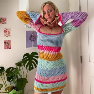 Women Knit Long Sleeve Colorful Stripe Slim Fit Dress