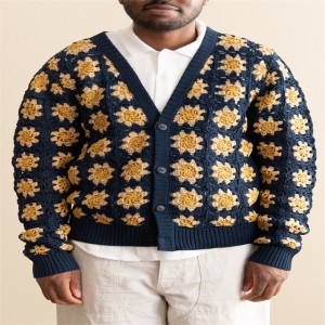 V Neck Long Sleeves Hand Crochet Navy Cardigan