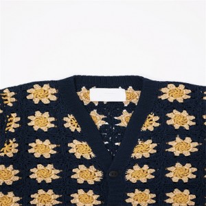 V-neck Lengan Panjang Crochet Cardigan Navy