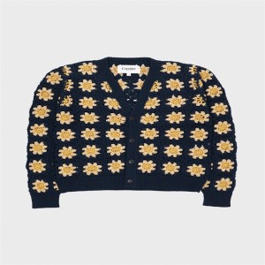 V Neck Long Sleeves Hand Crochet Navy Cardigan