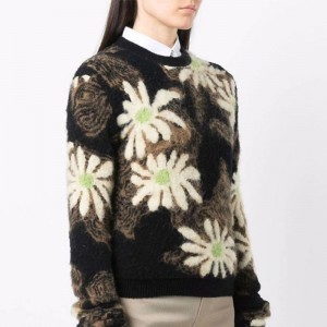Custom Logo Flowers Women Long Sleeve Knitted Sweaters Fuzzy Knitwear