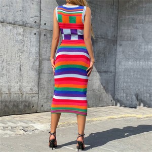 Sleeveless Color Patchwork Plaid Long Slim Fit Knit Dress