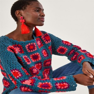 Wanita Round Neck pullover Tangan Crochet Jumper Biru