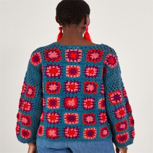 Women's Round Neck Pullover Hand Crochet Jumper Blue