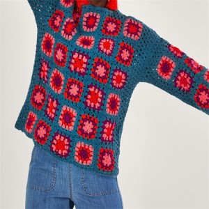 Wanawake wa Mviringo wa Neck Pullover Mkono Crochet jumper Blue