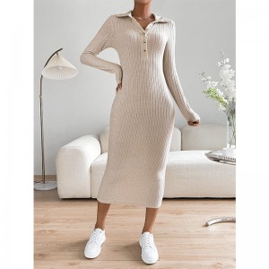 Autumn New Design Casual Rib Knitted Polo-neck Long sleeve women knitted dress