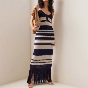 Blue& White Striped Sleeveless Tassels Women’s Knitted Camisole Dress
