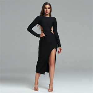 O tama'ita'i Sexy Long Sleeve Ribbed Knitted Hollow Out Black Sweater Dress