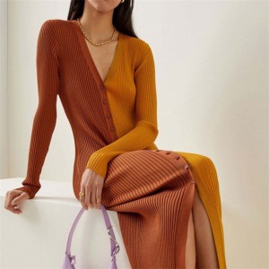Contrast Color Elegant Casual V Neck Single-Breasted Girls Dress