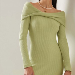 Моден фустан за плетење надвор од рамо со едно рамо светло зелена боја