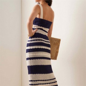 Blue& White Striped Sleeveless Tassels Women’s Knitted Camisole Dress