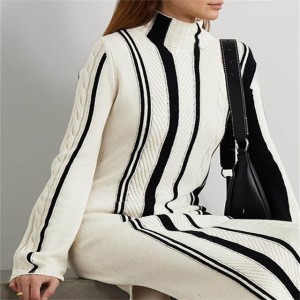 Contrast Color Stripe High Neck Long Sleeve Casual Knit Dress