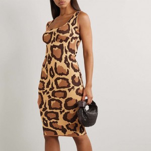 Leopard Print Jacquard Sleeveless Knitting Dress