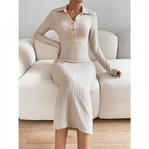 Autumn New Design Casual Rib Knitted Polo-neck Long sleeve women knitted dress