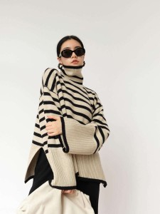 Atasan Sweter Pullover Wanita Turtleneck Garis Longgar Mode Musim Gugur Musim Dingin Baru untuk Wanita